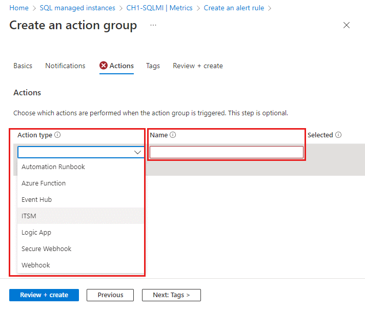 Screenshot of the Actions tab of the Create action group dialog box in the Azure portal with the Action type and Name fields highlighted.