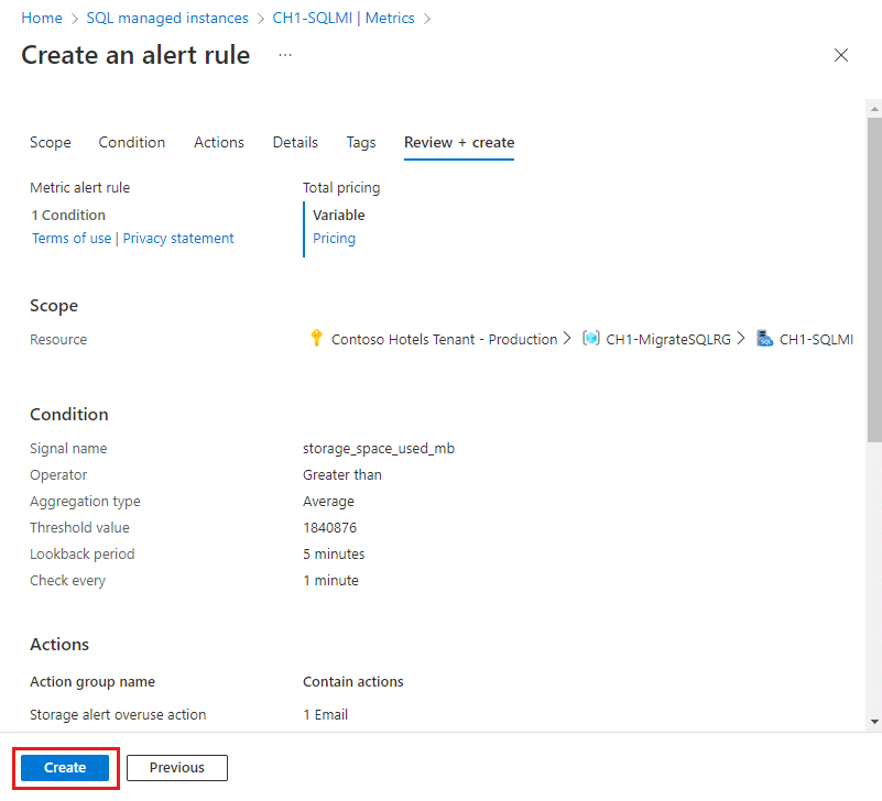 Screenshot of the Review + create tab of the Create an alert rule dialog box in the Azure portal. The Create button is highlighted.