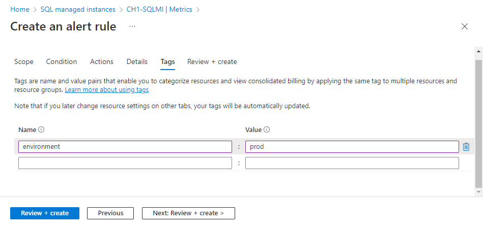 Screenshot of the Tags tab of the Create an alert rule dialog box in the Azure portal. Values are visible in the Name and Value boxes.