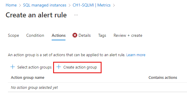 Screenshot of Actions tab of the Create alert rule dialog box in the Azure portal. The Create action group button is highlighted.