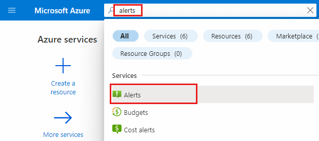 Screenshot of the search box in the Azure portal. The 'alerts' search term and Alerts service in the search results are highlighted.