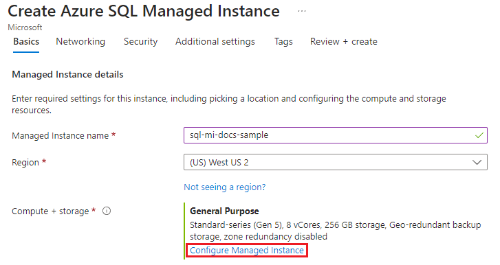 [マネージド インスタンスの構成] が選択されている [Azure SQL Managed Instance の作成] ページのスクリーンショット。