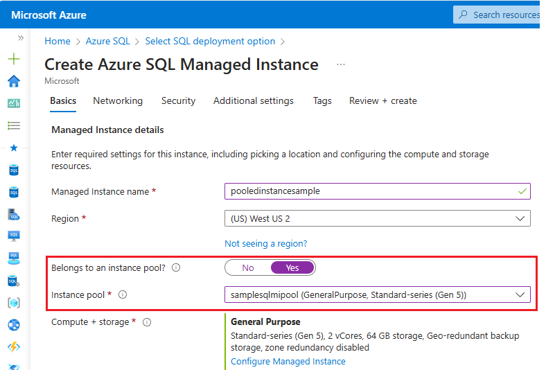 [インスタンス プールに所属] が選択された状態の、Azure portal の [Azure SQL Managed Instance の作成] ページのスクリーンショット。