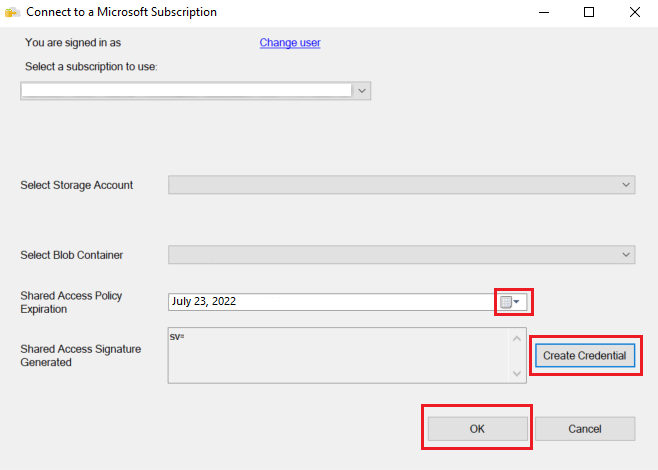 [Microsoft サブスクリプションへの接続] のスクリーンショット。[資格情報の作成]、[OK]、[共有アクセス ポリシーの有効期限] ボックスが強調表示されています。