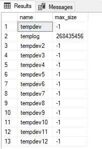 tempdb ファイルの最大サイズを表示する SSMS の [クエリ結果] ウィンドウのスクリーンショット。