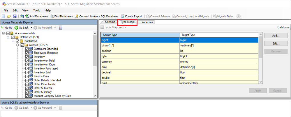 SSMA for Access の[Type Mapping]\(型のマッピング\) ペインのスクリーンショット。