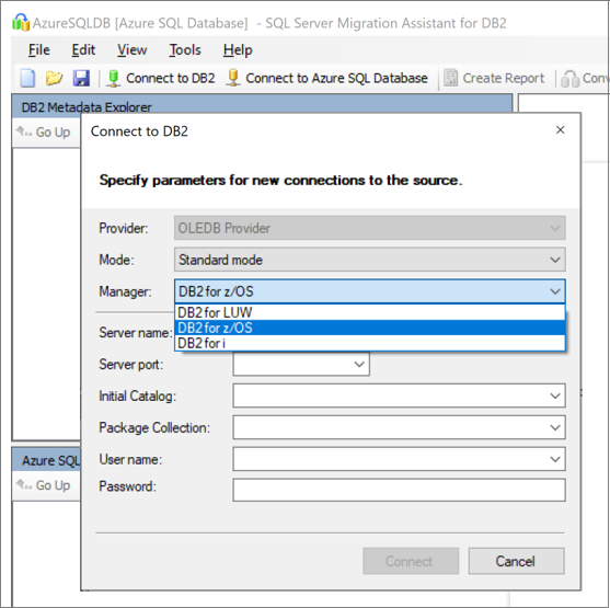 Db2 インスタンスに接続するためのオプションを示すスクリーンショット。