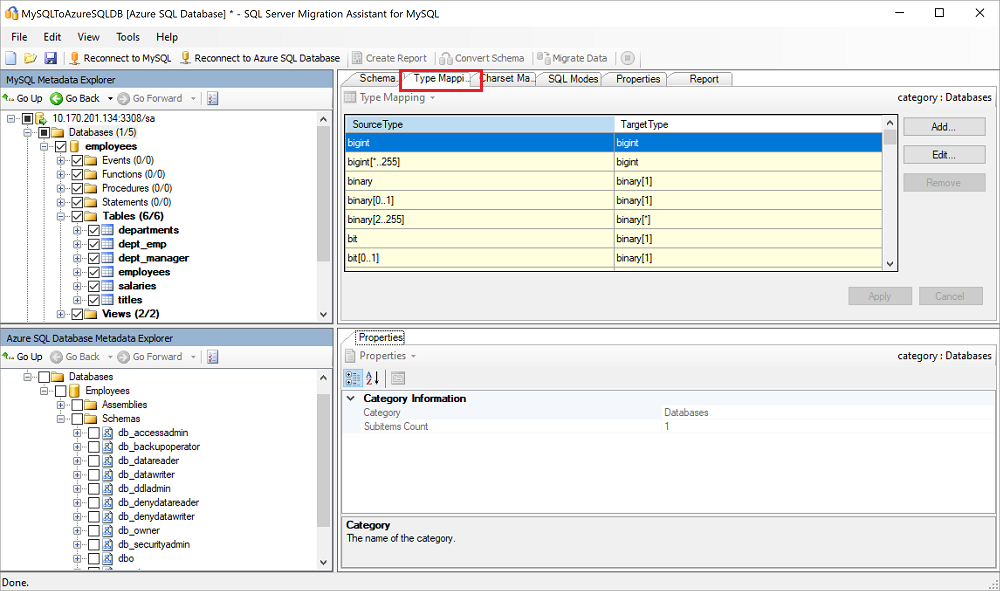 SSMA for MySQL の[Type Mapping]\(型のマッピング\) ペインのスクリーンショット。