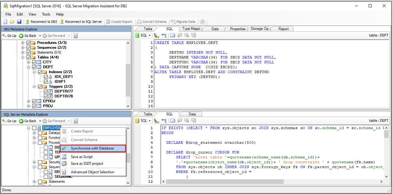 Screenshot that shows the option to synchronize with database.