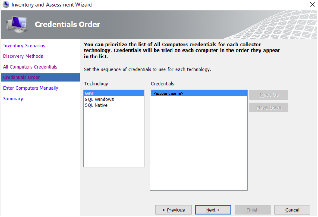 Screenshot that shows the Credentials Order page of the Inventory and Assessment Wizard.