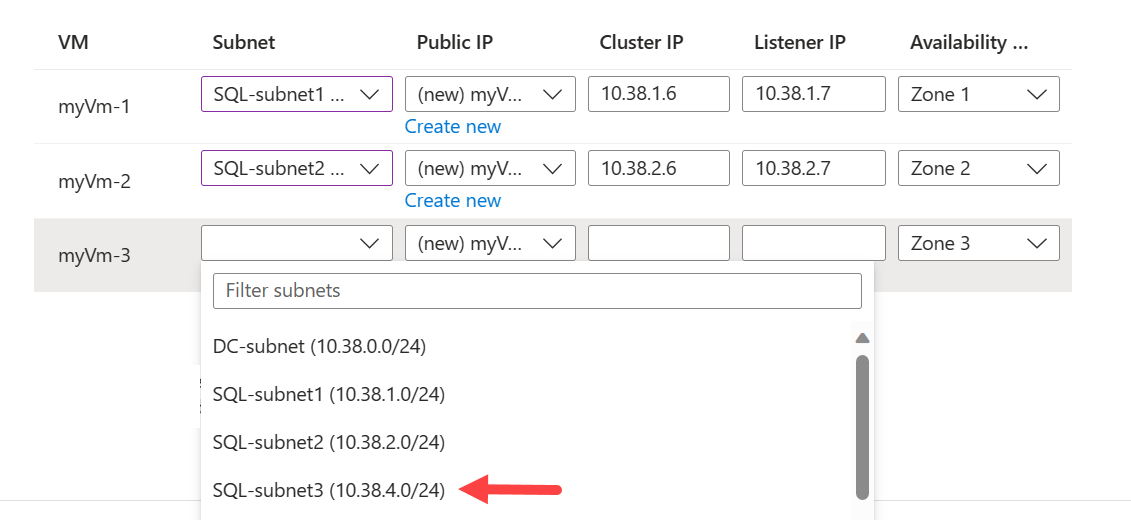 サブネットと IP アドレスを構成するためのページを示す Azure portal のスクリーンショット。