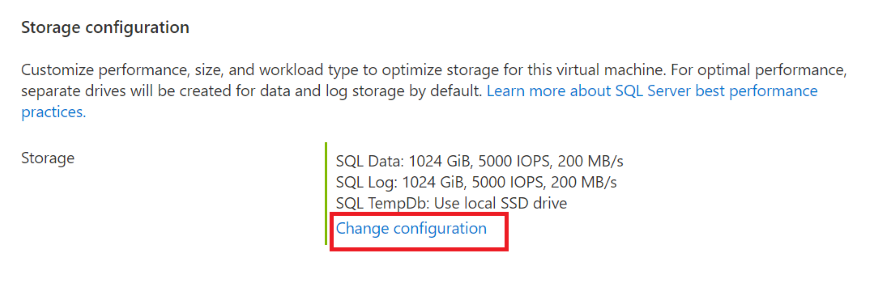 現在のストレージ構成と構成を変更するためのボタンを示す Azure portal のスクリーンショット。