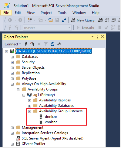 SQL Server Management Studio (SSMS) の [可用性グループ リスナー] で DNN リスナーを表示する