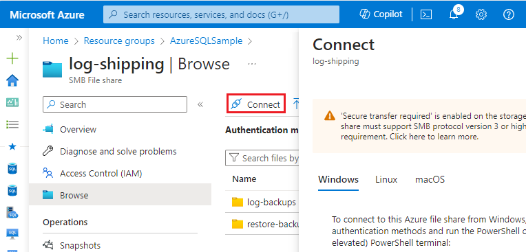 Azure portal でのファイル共有のための [接続] オプションを示すスクリーンショット。