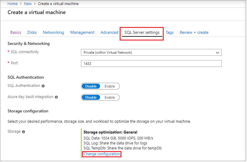 [SQL Server の設定] タブと [構成の変更] オプションが強調表示されているスクリーンショット。