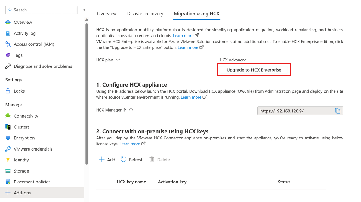 Screenshot showing upgrade to VMware HCX Enterprise using VMware HCX tab under Add-ons.
