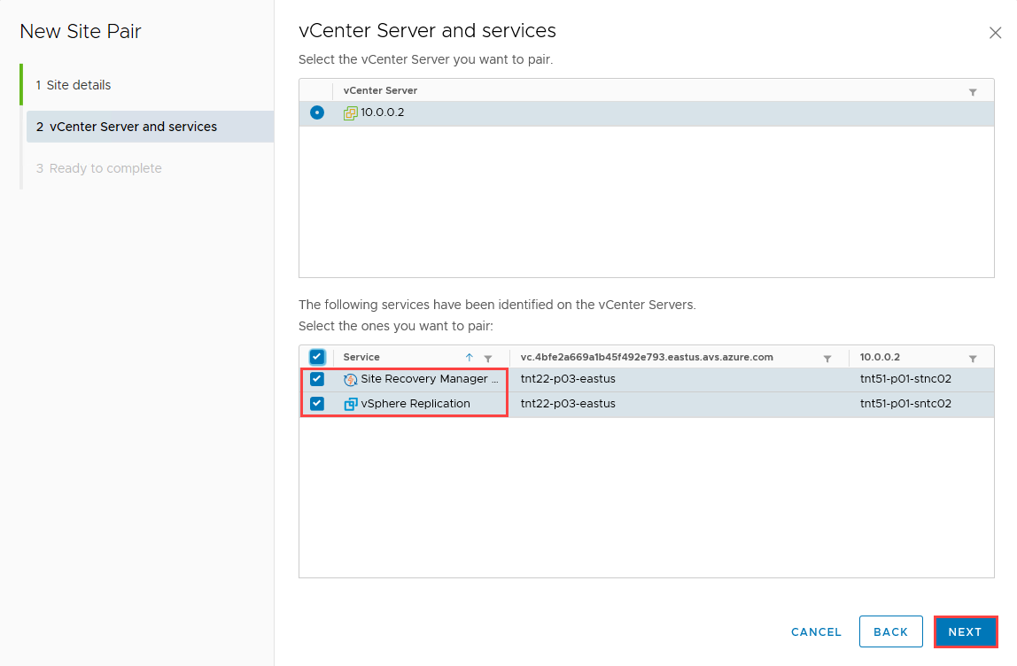 新しいサイト ペアの vCenter Server とサービスの詳細を示すスクリーンショット。
