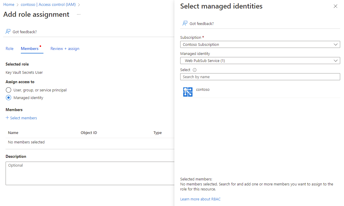 Screenshot of members tab when adding role assignment to Key Vault.