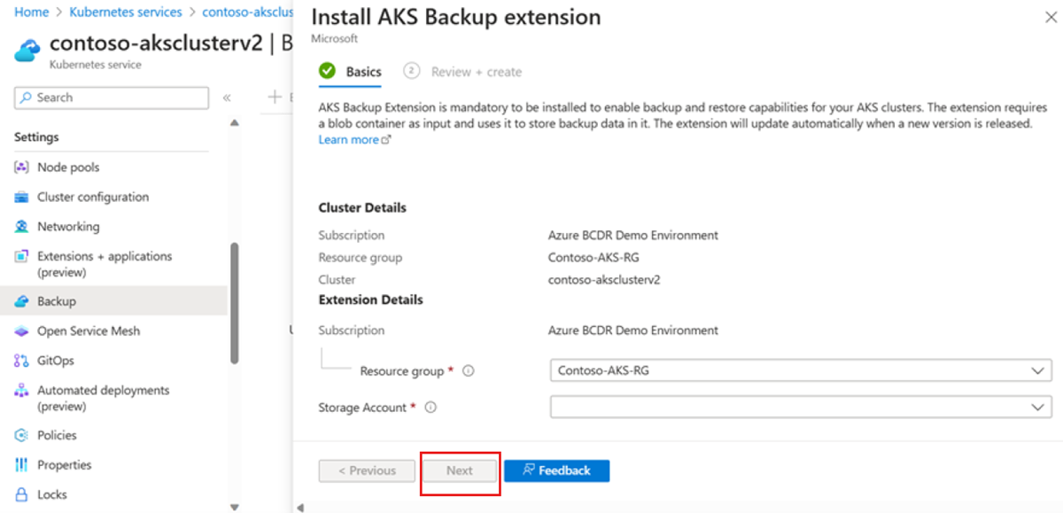Screenshot that shows how to add storage and blob details for backup.
