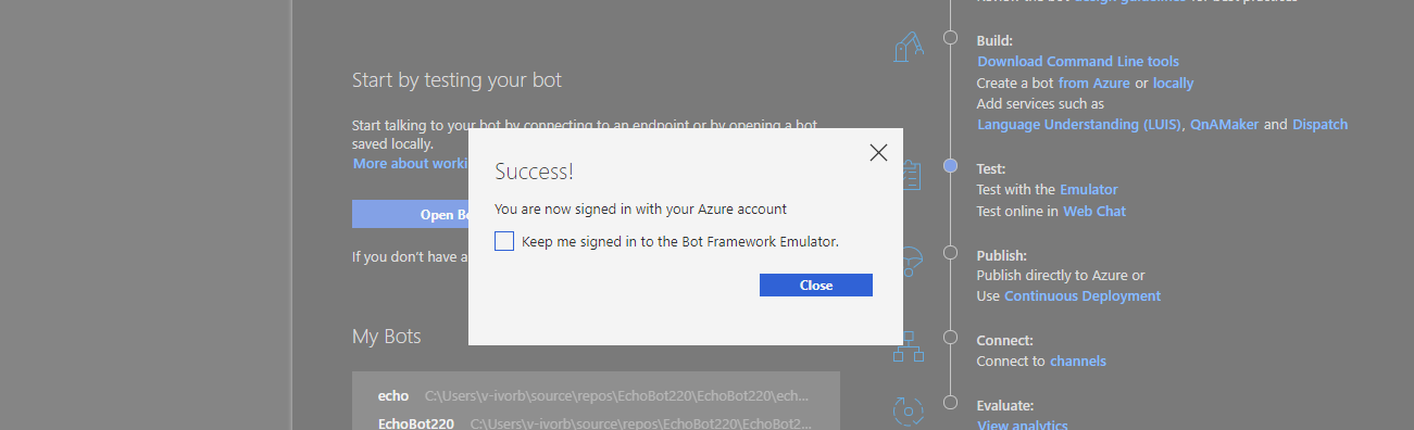 Emulator Azure sign-in success