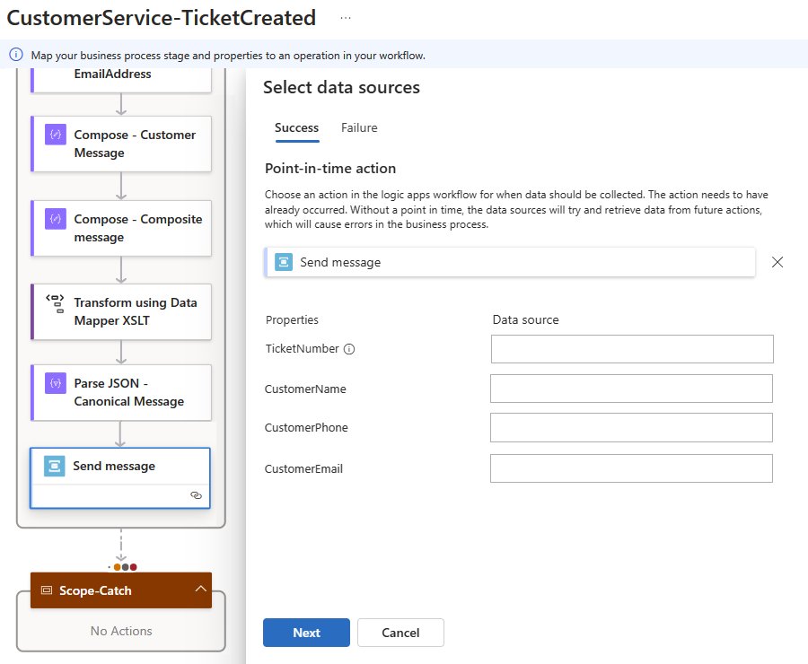 スクリーンショットは、読み取り専用の Standard ワークフロー デザイナーと、選択したワークフロー操作、ビジネス プロパティ、およびビジネス ID を含む開かれたウィンドウを示しています。