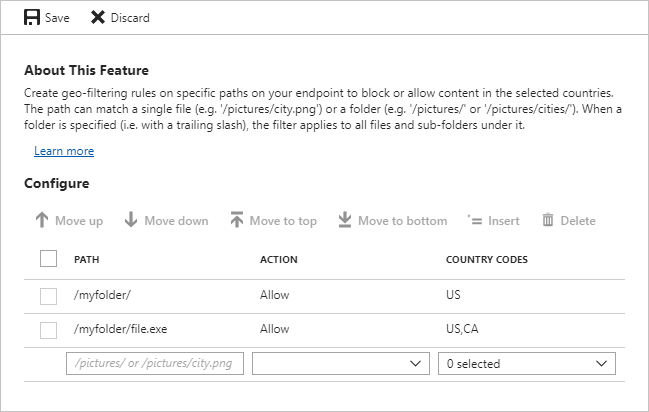 国または地域をブロックまたは許可するために使用する国/地域コードを示しているスクリーンショット。