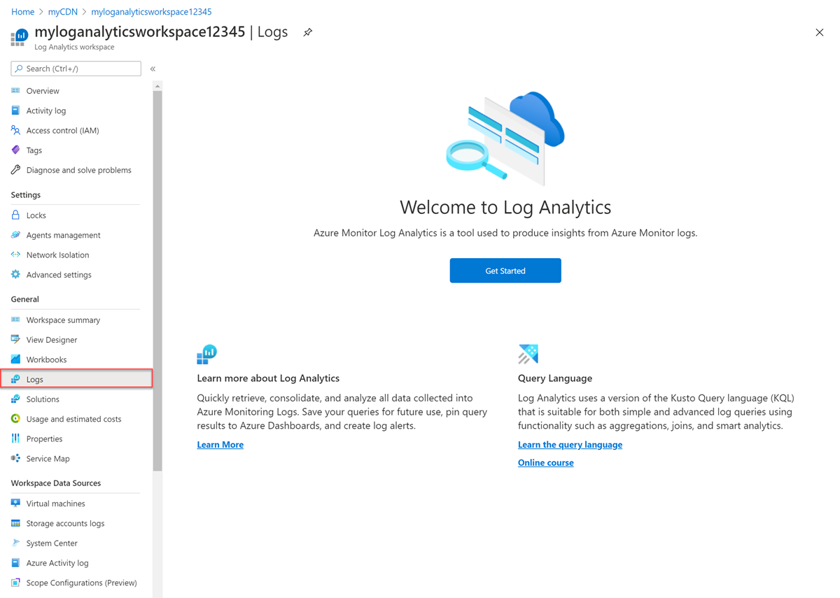 Log Analytics リソース ワークスペースのスクリーンショット。