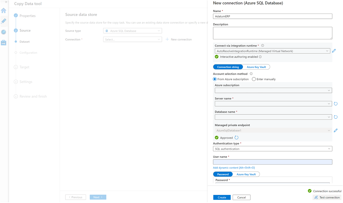 Screenshot that shows the Adatum ERP connection pane completed.