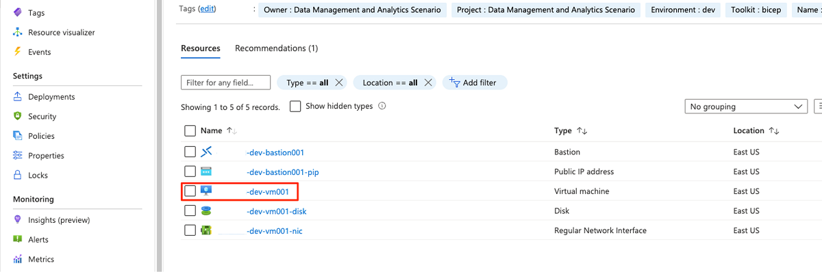 Screenshot that shows the resource groups for connecting to the bastion host virtual machine.