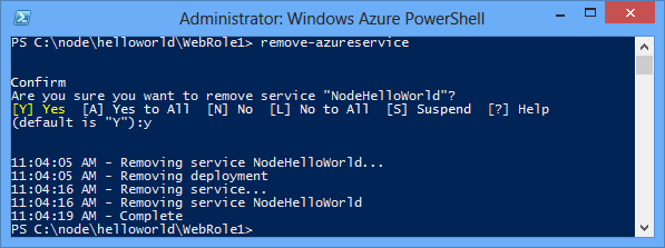 Remove-AzureService コマンドの状態
