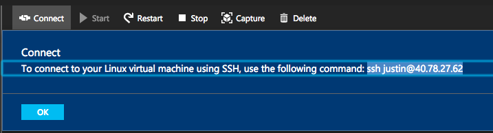 SSH を使用して Linux VM に接続する方法を示すスクリーンショット。