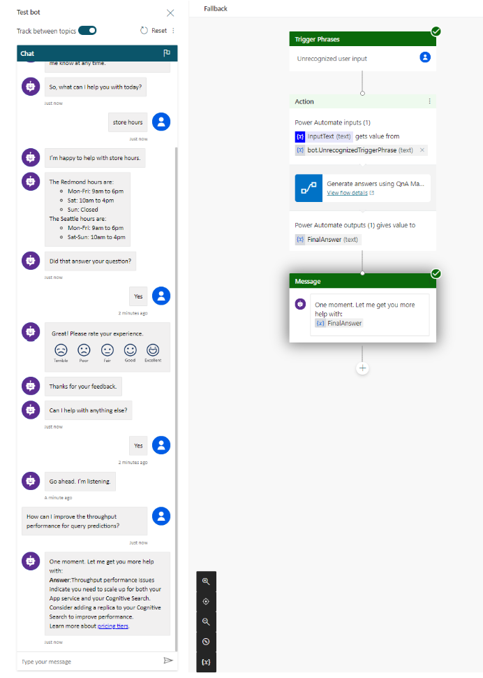 Screenshot of the completd test bot running alongside the tutorial flow.