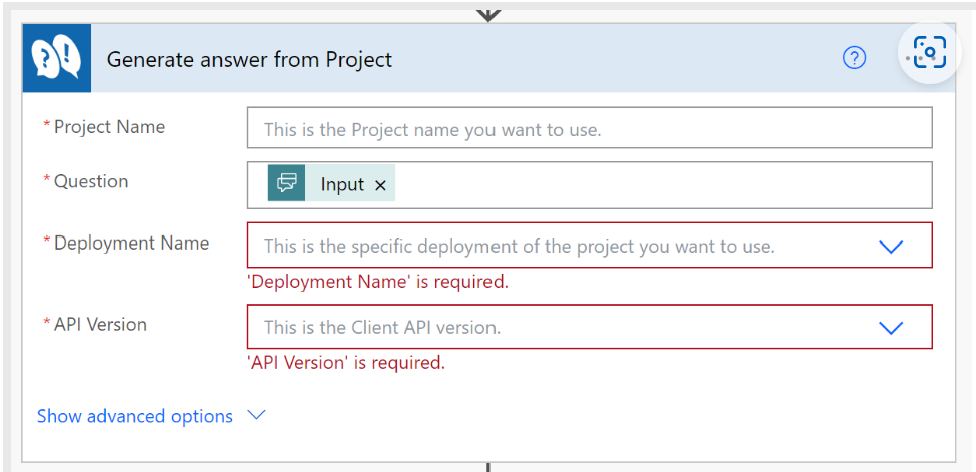 Screenshot of fields for the Generate answer from Project action.