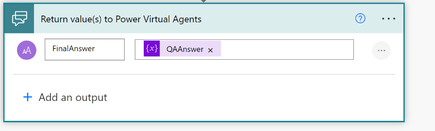 Screenshot of the Return value(s) to Power Virtual Agents step, containing the previous variable.