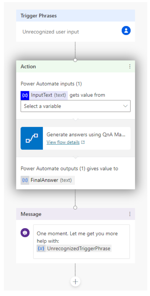 Screenshot of the Call an action using the Generate answers using Question Answering Project flow.
