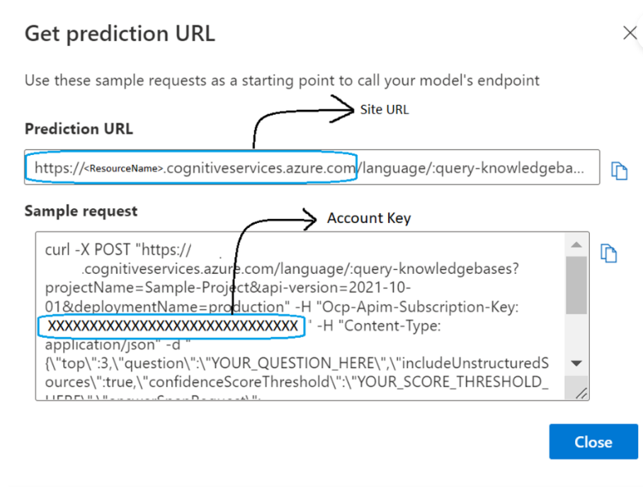 Screenshot of how to obtain the prediction URL and subscription key displayed.
