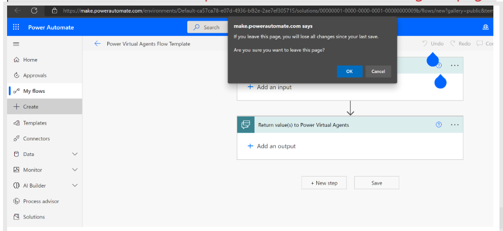 Screenshot of the Create action in the left panel and a confirmation message for navigating away from the page.