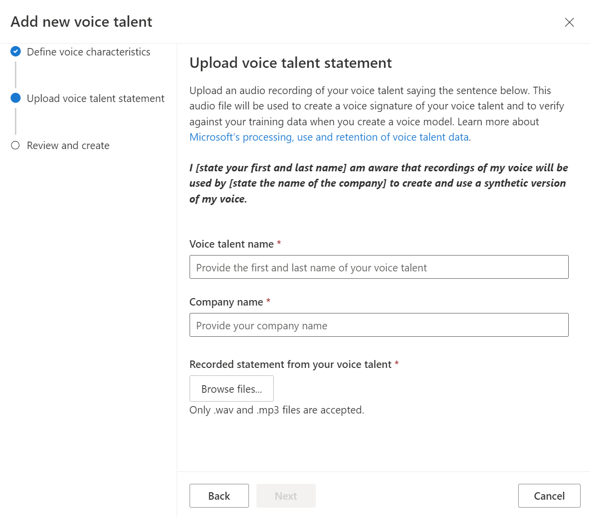 Screenshot of the voice talent statement upload dialog.