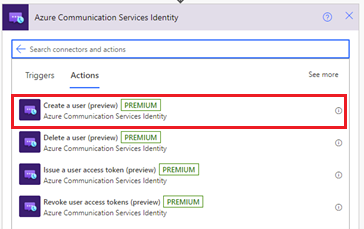 Azure Communication Services Identity コネクタのユーザー作成アクションを示すスクリーンショット。