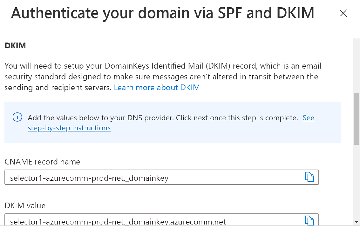 DKIM のために追加すする必要がある DNS レコードを示すスクリーンショット。