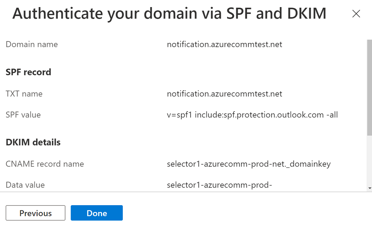 SPF と DKIM のために追加する必要がある DNS レコードを示すスクリーンショット。