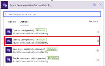 Azure Communication Services Identity コネクタのユーザー削除アクションを示すスクリーンショット。