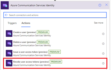 Azure Communication Services Identity コネクタのアクセス トークン取り消しアクションを示すスクリーンショット。