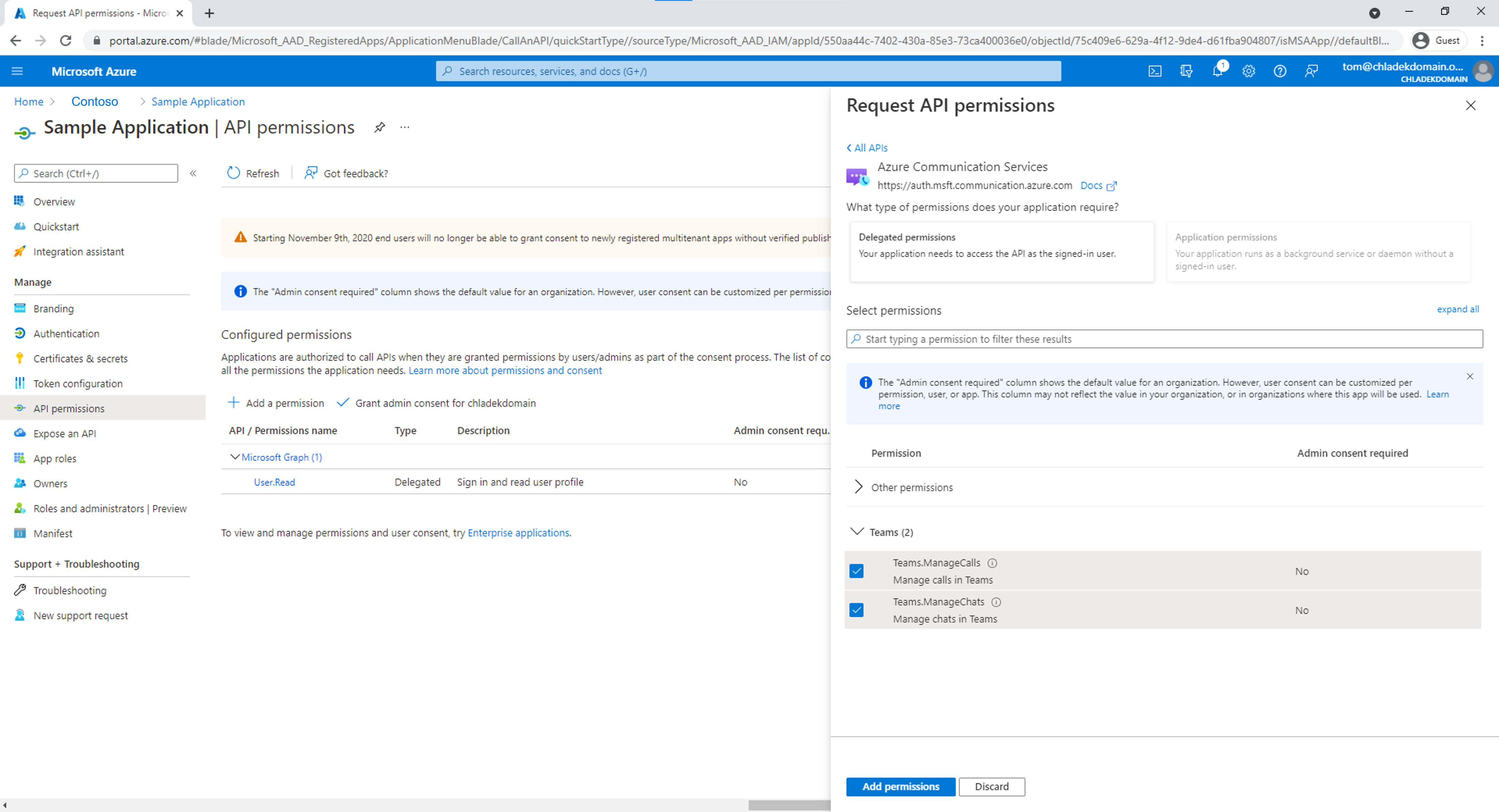 Teams.ManageCalls および Teams.ManageChats アクセス許可を以前の手順で作成した Microsoft Entra アプリケーションに追加します。