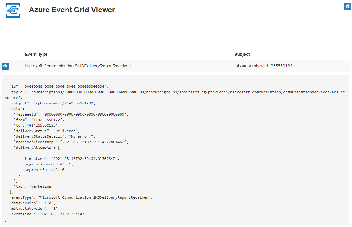 SMS 配信レポート イベントの Event Grid スキーマを示す Azure Event Grid ビューアーのスクリーンショット。