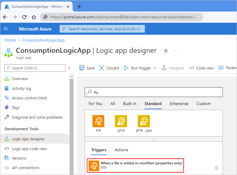 Screenshot shows Azure portal, Consumption workflow designer, and FTP trigger selected.