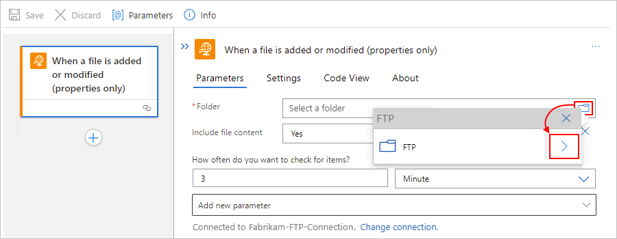 Screenshot shows Standard workflow designer, FTP managed connector trigger, and 
