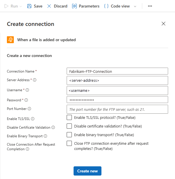 FTP 組み込みのトリガー情報を含むワークフロー デザイナーの [接続の作成] ページを示すスクリーンショット。