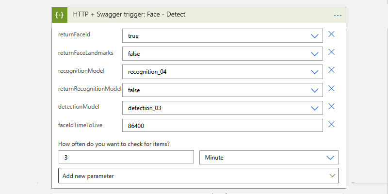 Screenshot shows Consumption workflow, H T T P + Swagger trigger, and operation named Face - Detect.