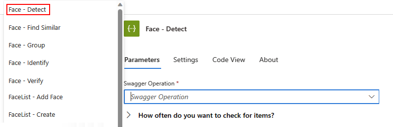 Screenshot shows Standard workflow, Face - Detect trigger, and list with Swagger operations.